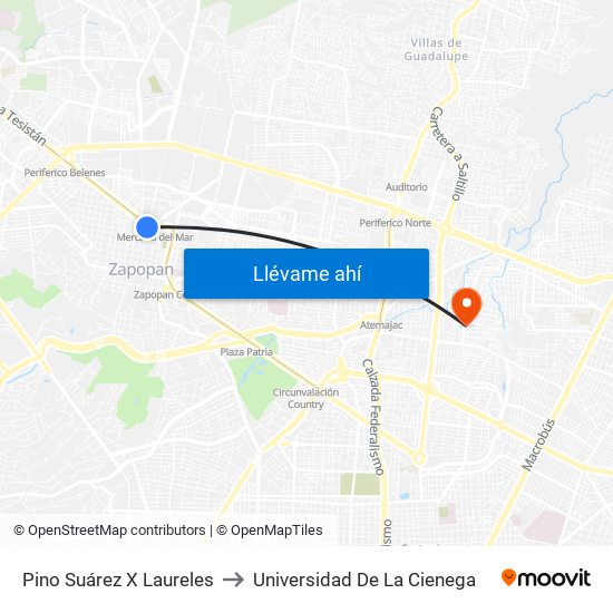 Pino Suárez X Laureles to Universidad De La Cienega map