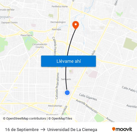 16 De Septiembre to Universidad De La Cienega map