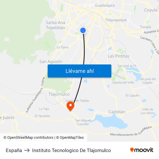 España to Instituto Tecnologico De Tlajomulco map