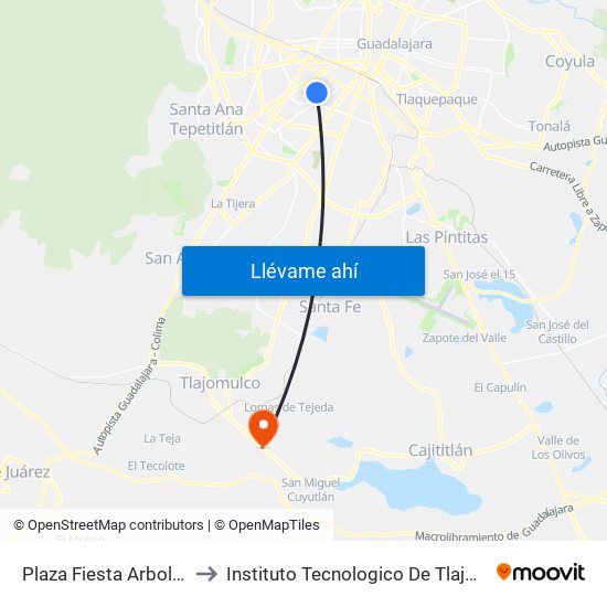 Plaza Fiesta Arboledas to Instituto Tecnologico De Tlajomulco map