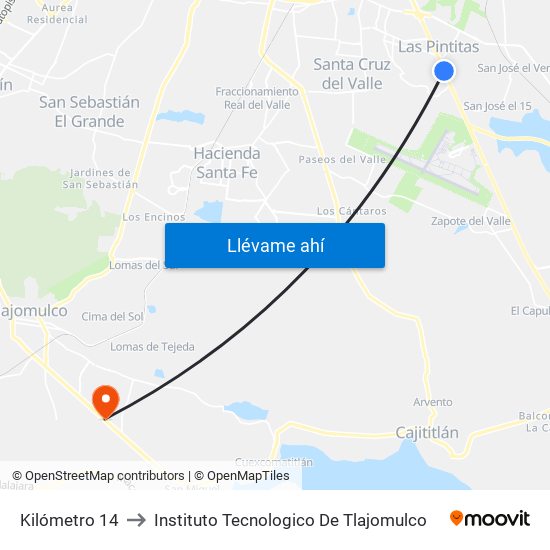 Kilómetro 14 to Instituto Tecnologico De Tlajomulco map