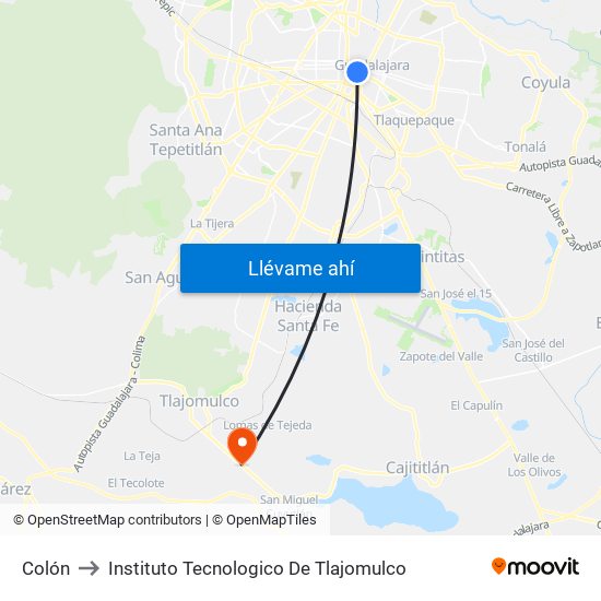 Colón to Instituto Tecnologico De Tlajomulco map