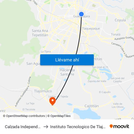 Calzada Independencia to Instituto Tecnologico De Tlajomulco map