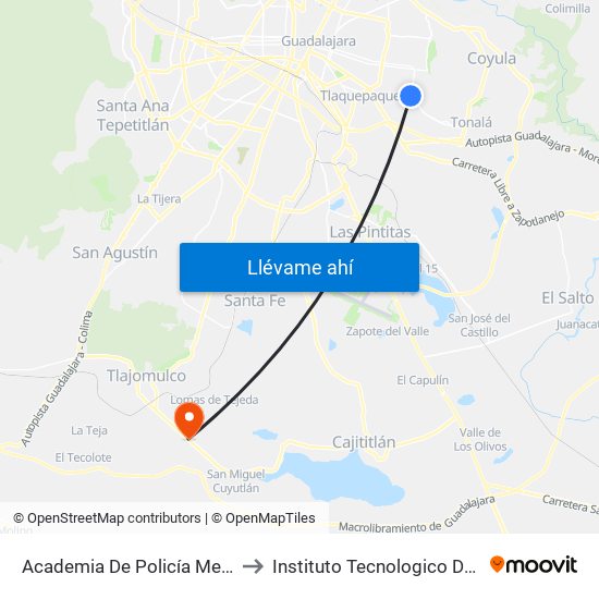 Academia De Policía Mercedes Celis to Instituto Tecnologico De Tlajomulco map