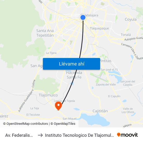 Av. Federalismo to Instituto Tecnologico De Tlajomulco map