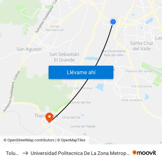 Toluquilla to Universidad Politecnica De La Zona Metropolitana De Guadalajara map