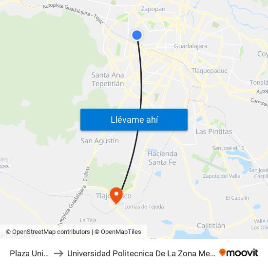 Plaza Universidad to Universidad Politecnica De La Zona Metropolitana De Guadalajara map