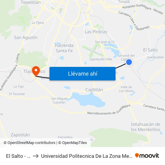 El Salto - El Verde to Universidad Politecnica De La Zona Metropolitana De Guadalajara map