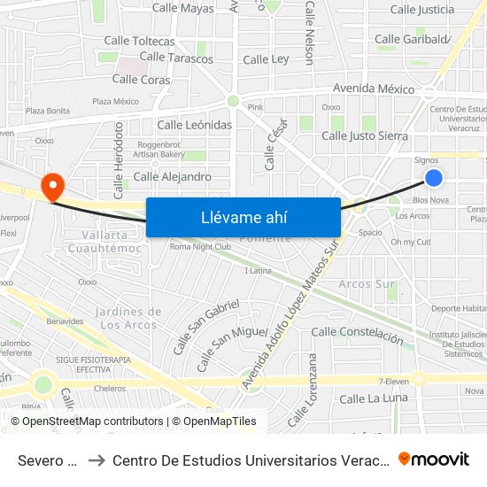 Severo Díaz to Centro De Estudios Universitarios Veracruz Vallarta map