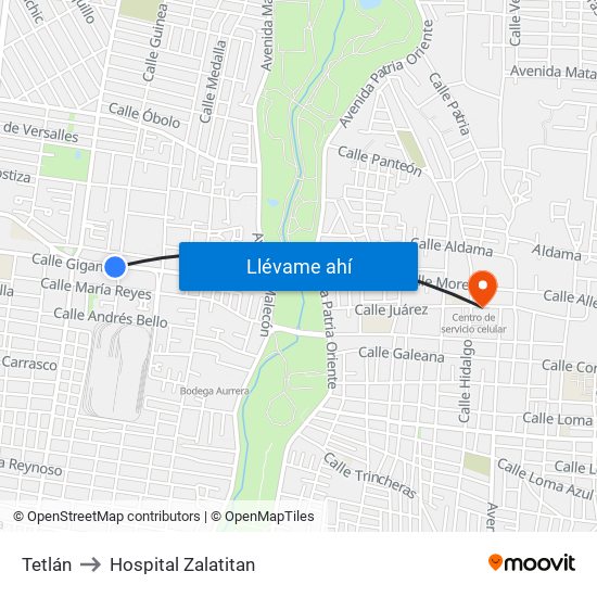 Tetlán to Hospital Zalatitan map