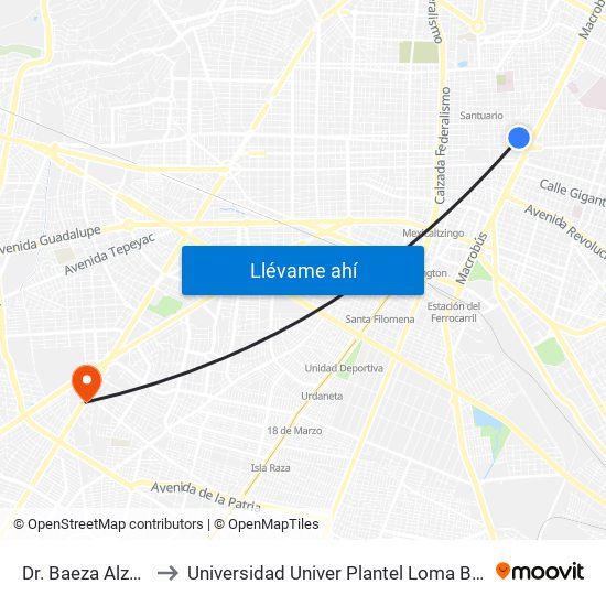 Dr. Baeza Alzaga to Universidad Univer Plantel Loma Bonita map