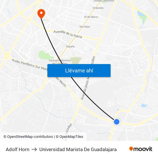 Adolf Horn to Universidad Marista De Guadalajara map