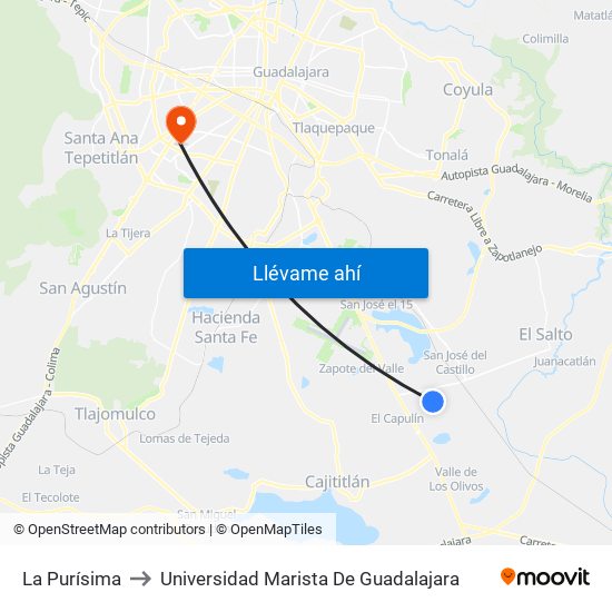 La Purísima to Universidad Marista De Guadalajara map