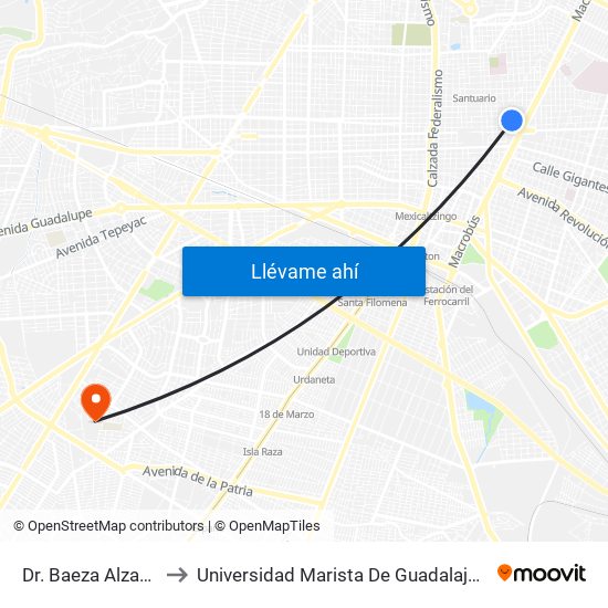 Dr. Baeza Alzaga to Universidad Marista De Guadalajara map