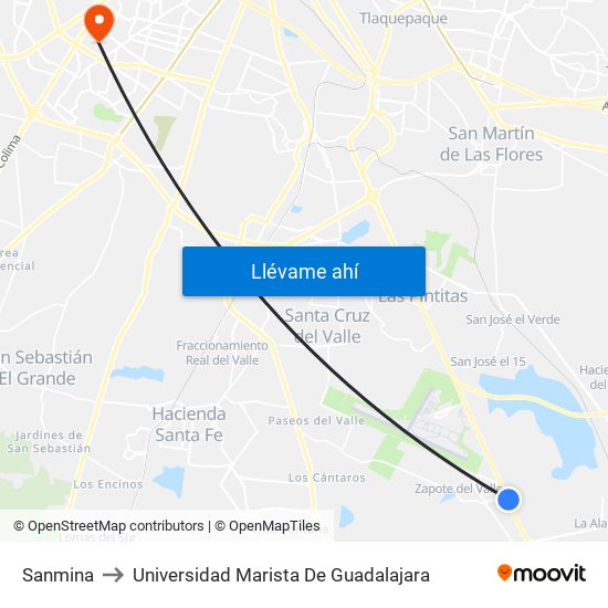 Sanmina to Universidad Marista De Guadalajara map