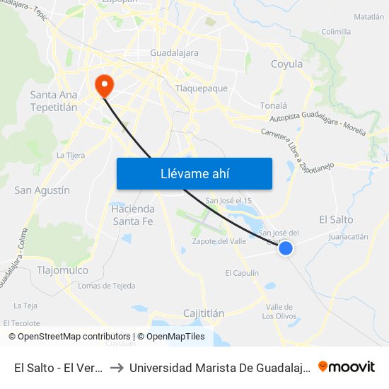 El Salto - El Verde to Universidad Marista De Guadalajara map