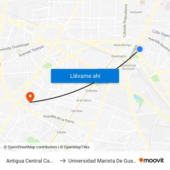 Antigua Central Camionera to Universidad Marista De Guadalajara map