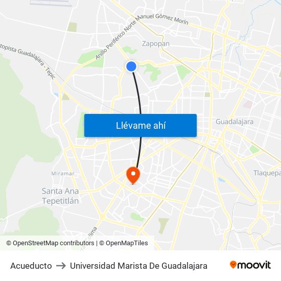 Acueducto to Universidad Marista De Guadalajara map