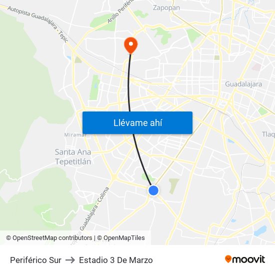 Periférico Sur to Estadio 3 De Marzo map