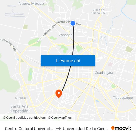 Centro Cultural Universitario to Universidad De La Cienega map