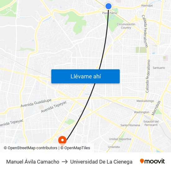 Manuel Ávila Camacho to Universidad De La Cienega map