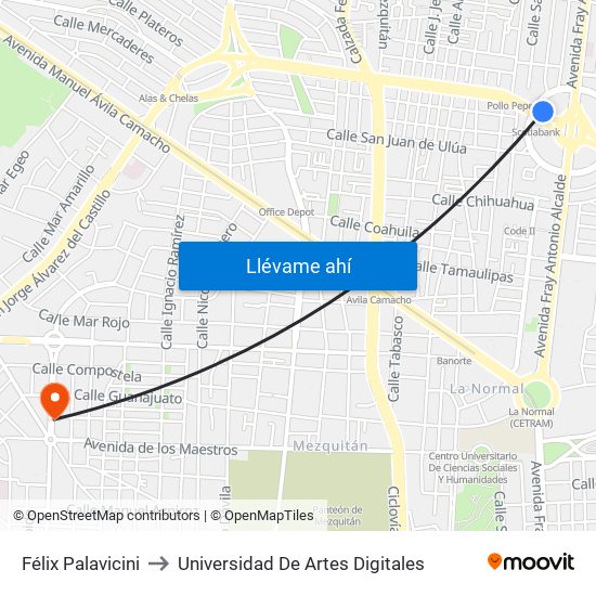 Félix Palavicini to Universidad De Artes Digitales map