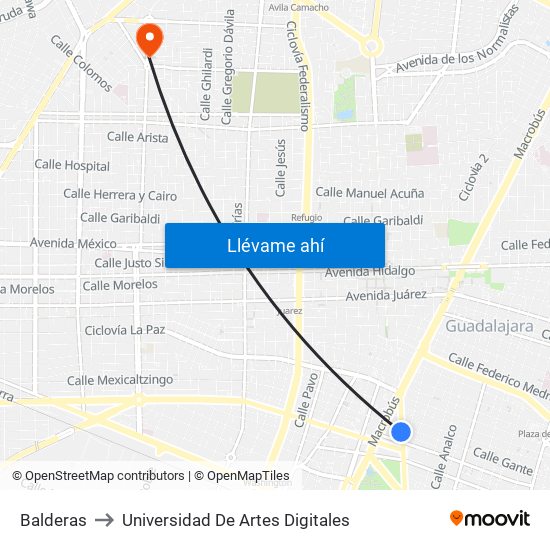 Balderas to Universidad De Artes Digitales map