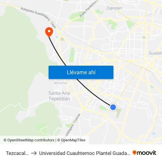 Tezcacalco to Universidad Cuauhtemoc Plantel Guadalajara map