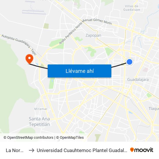 La Normal to Universidad Cuauhtemoc Plantel Guadalajara map