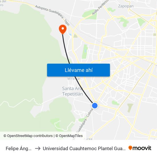 Felipe Ángeles to Universidad Cuauhtemoc Plantel Guadalajara map