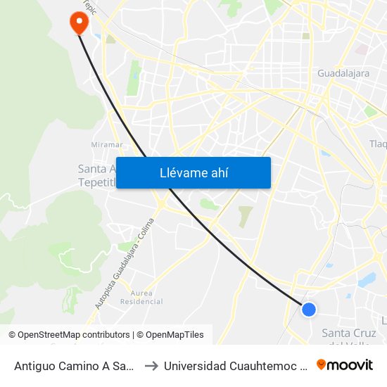 Antiguo Camino A Santa Cruz Del Valle to Universidad Cuauhtemoc Plantel Guadalajara map