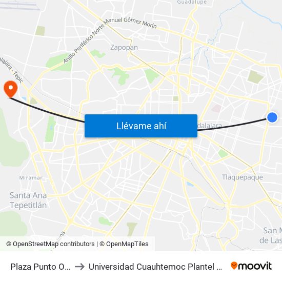 Plaza Punto Oriente to Universidad Cuauhtemoc Plantel Guadalajara map