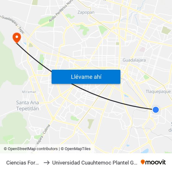 Ciencias Forenses to Universidad Cuauhtemoc Plantel Guadalajara map