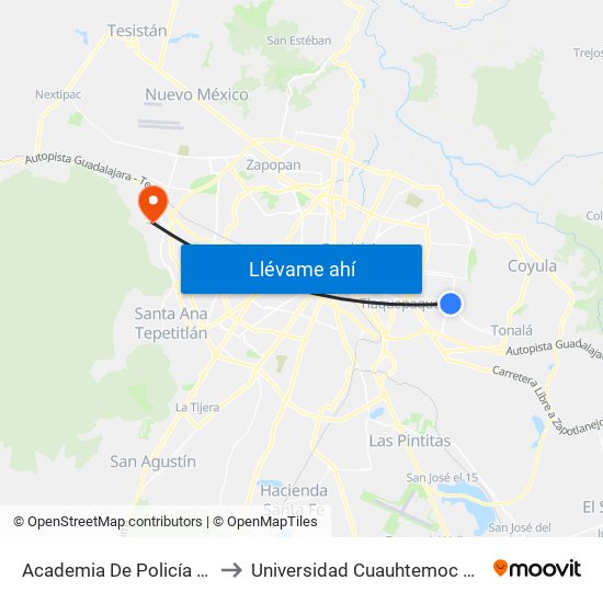 Academia De Policía Mercedes Celis to Universidad Cuauhtemoc Plantel Guadalajara map