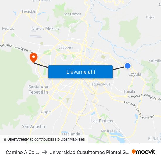Camino A Colimilla to Universidad Cuauhtemoc Plantel Guadalajara map