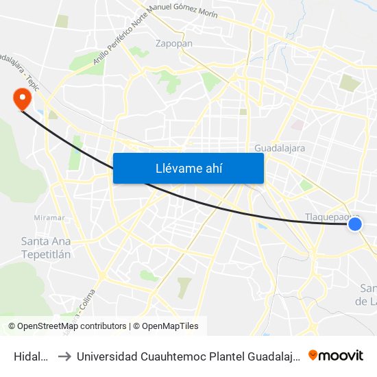 Hidalgo to Universidad Cuauhtemoc Plantel Guadalajara map