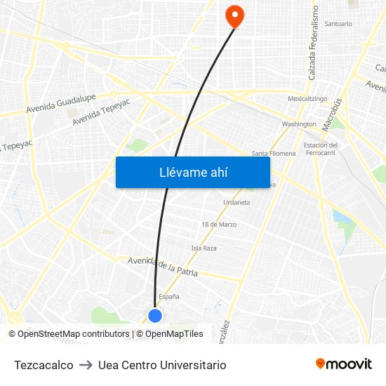 Tezcacalco to Uea Centro Universitario map
