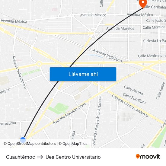 Cuauhtémoc to Uea Centro Universitario map