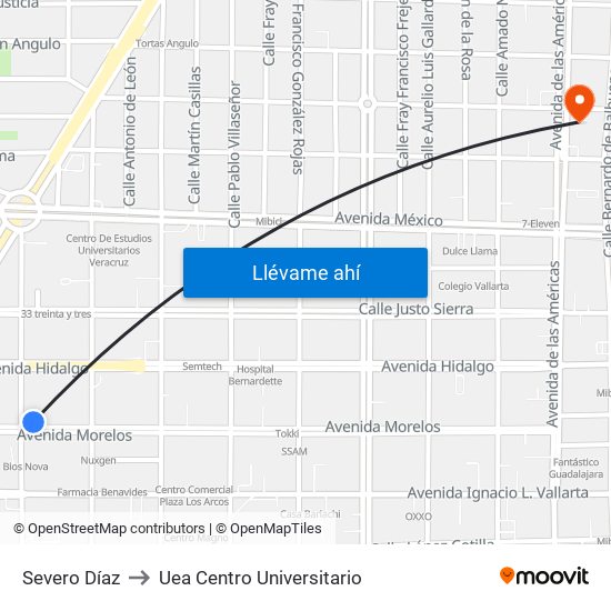 Severo Díaz to Uea Centro Universitario map