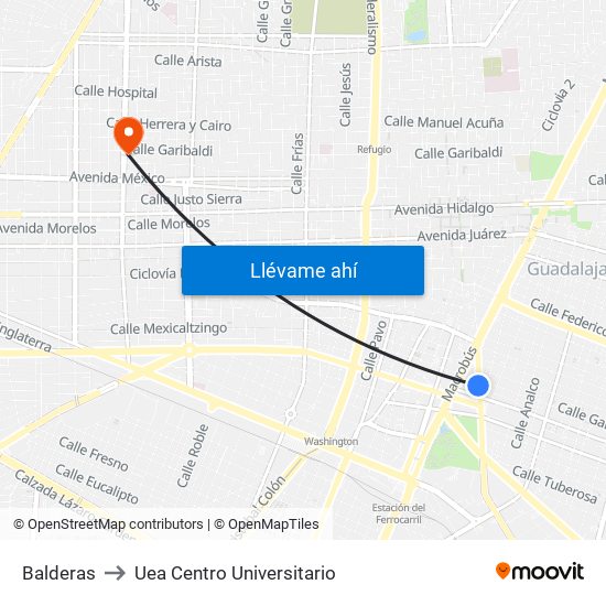 Balderas to Uea Centro Universitario map