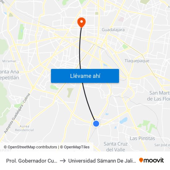 Prol. Gobernador Curiel to Universidad Sämann De Jalisco map