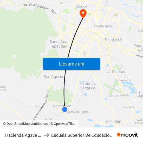 Hacienda Agave Residencial to Escuela Superior De Educacion Fisica De Jalisco map