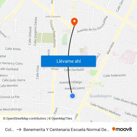 Colón to Benemerita Y Centenaria Escuela Normal De Jalisco map