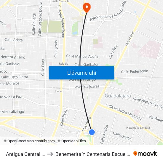 Antigua Central Camionera to Benemerita Y Centenaria Escuela Normal De Jalisco map