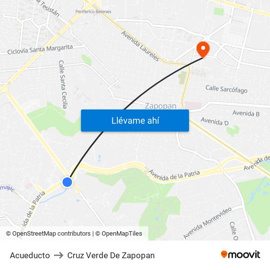 Acueducto to Cruz Verde De Zapopan map