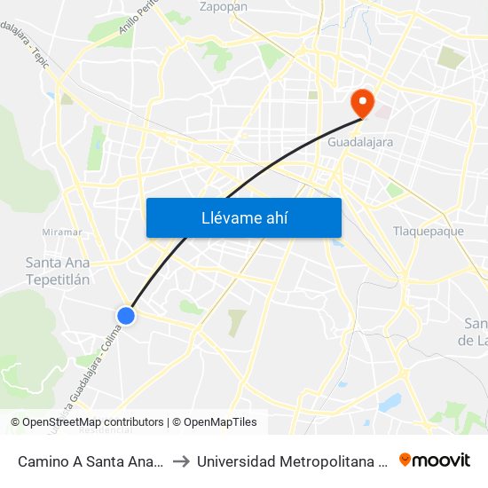 Camino A Santa Ana Tepetitlán to Universidad Metropolitana De Occidente map
