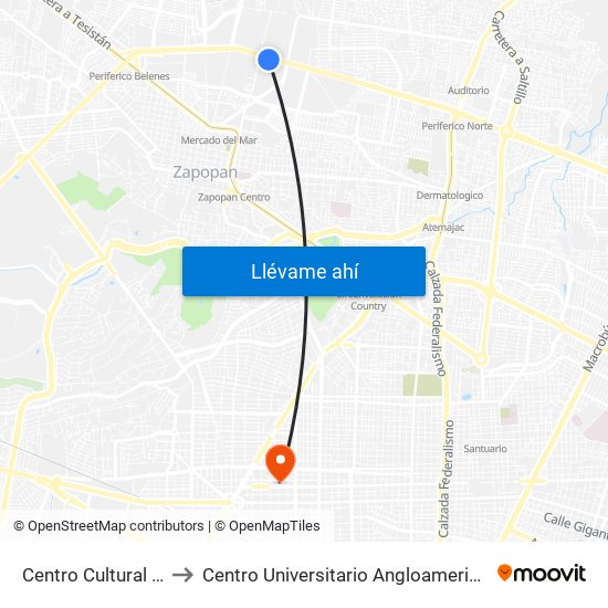 Centro Cultural Universitario to Centro Universitario Angloamericano Plantel Guadalajara map