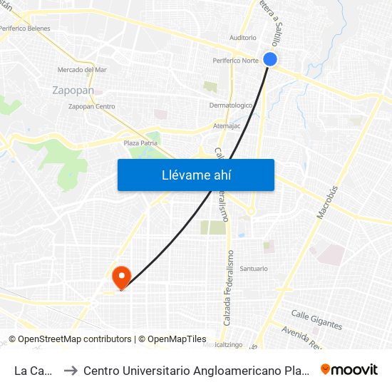 La Cantera to Centro Universitario Angloamericano Plantel Guadalajara map