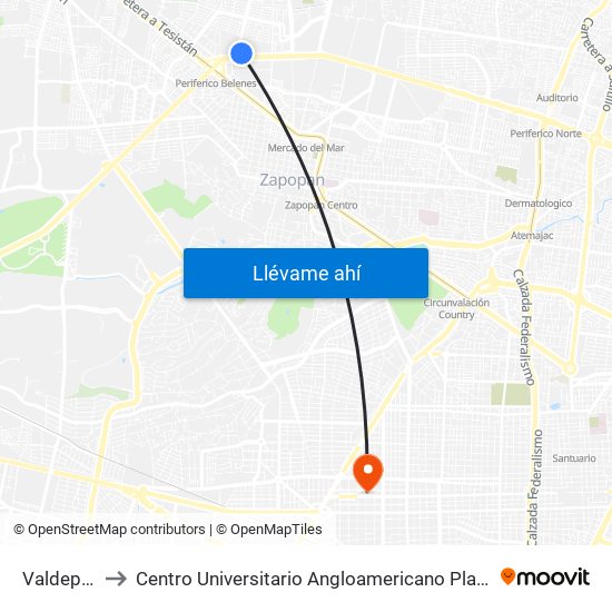 Valdepeñas to Centro Universitario Angloamericano Plantel Guadalajara map