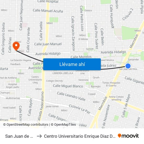 San Juan de Dios to Centro Universitario Enrique Diaz De Leon map